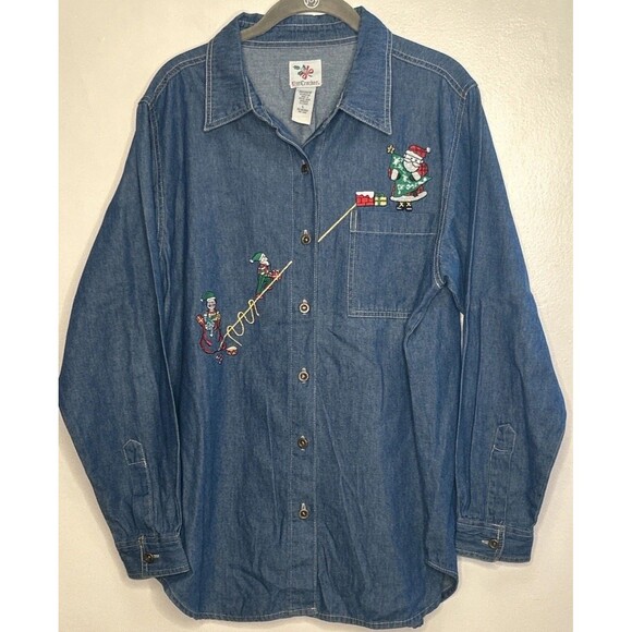 Nutcracker Denim Shirt Large Embroidered Santa Christmas 1990s Teacher Secretary - Picture 1 of 3